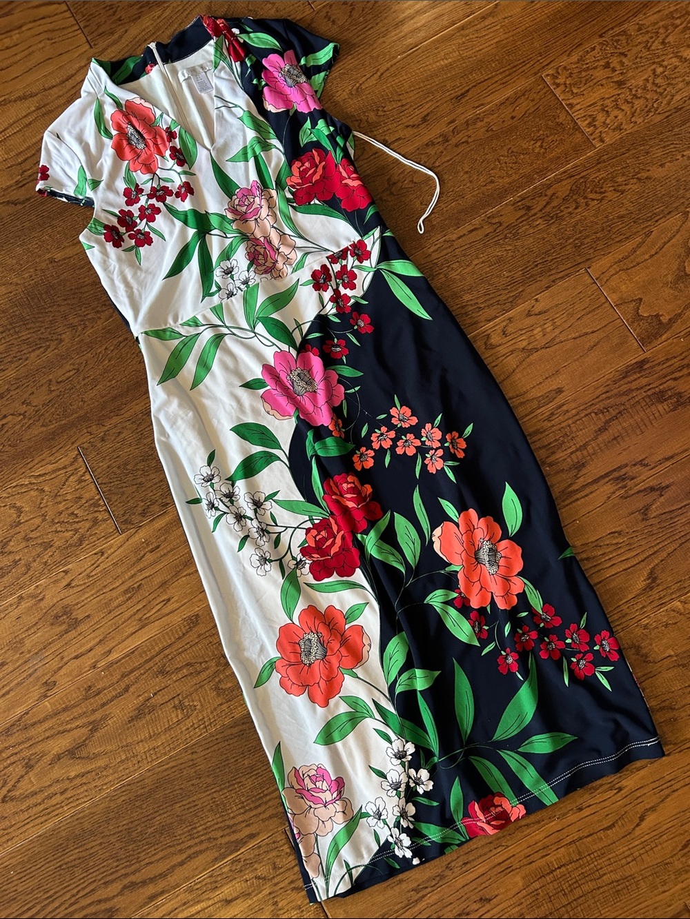 London Times White Dress with Black, Red & Green Floral Accents